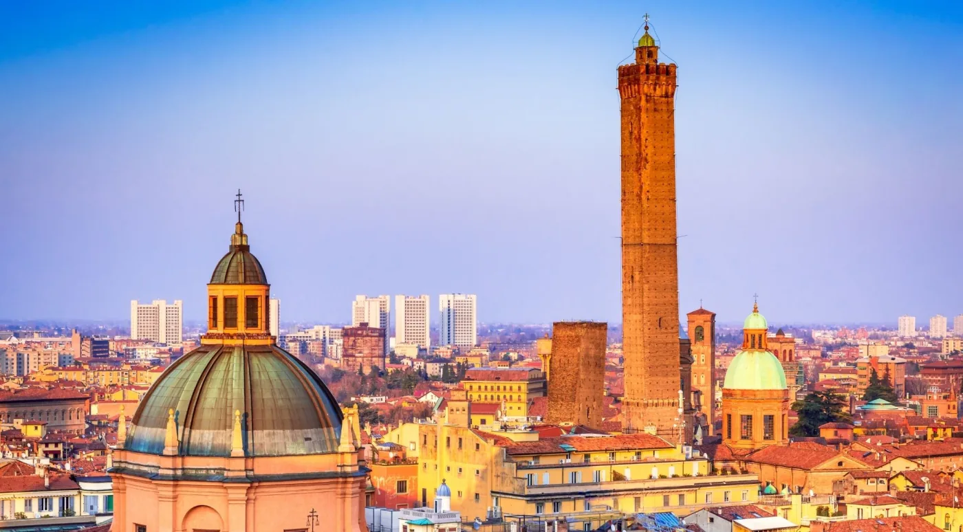 Bologna rooftops and the medieval towers seen from above