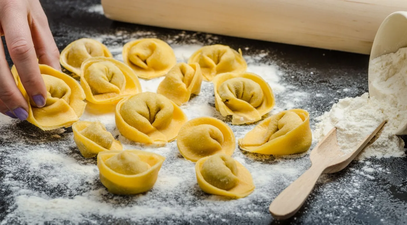 Hand-folded tortellini on a floured board beside a rolling pin, ready to cook