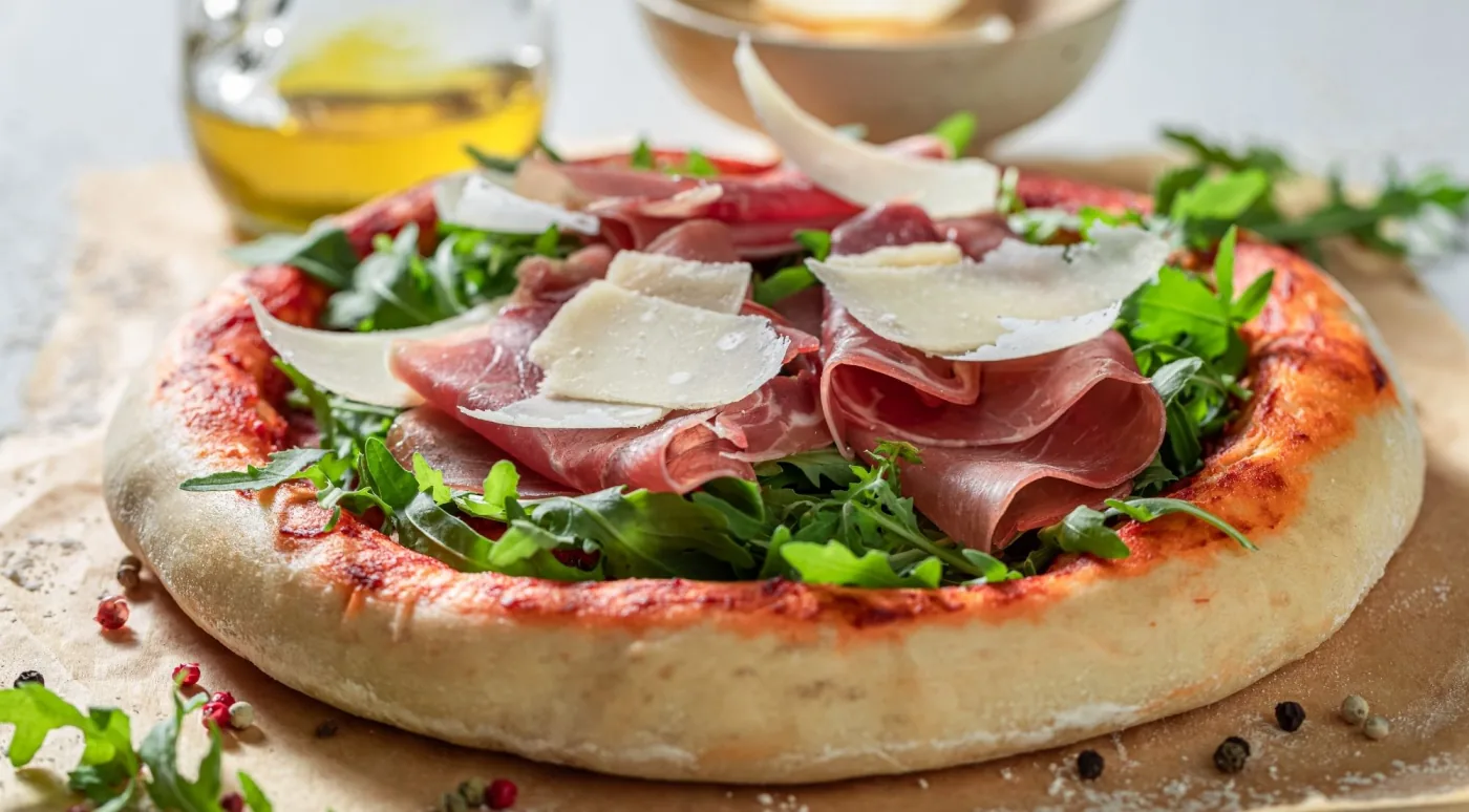 Piadina filled with cured ham and greens